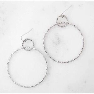 Textured Silver Double Hoop Earrings Hammered Geometric Drop Dangle Minimalist